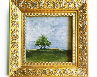 Small Oil Painting in gold frame: Green field, Blue sky - Vintage Country Landscape, Miniature Tree