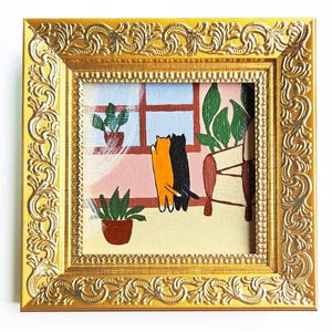 Framed Cats Oil Painting: Original Funny Orange and Black Cats Couple Looking out a Window (2.7x2.7" Mini Artwork)
