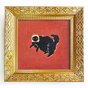 Chat avec un pain grillé sur la tête Peinture à l'huile amusante de 4 pouces Petit cadre d'art Chat et nourriture Art de chaton mignon Chat noir original Cadeau amusant pour les amoureux des chats