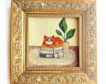 Miniatuur olieverfschilderij oranje kat: gemberkatje kunstboeklezing, klein ingelijst canvas