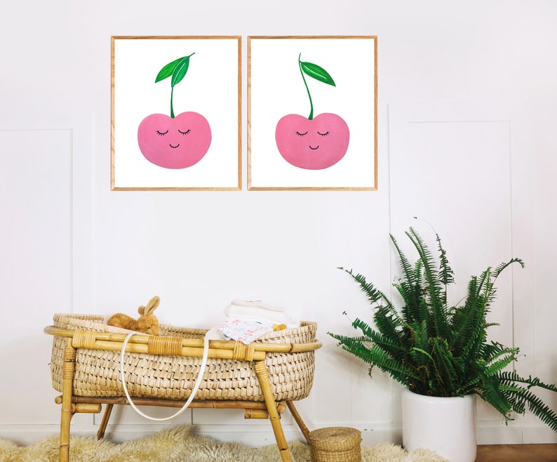 Cherries Wall art Set of 2 Print Pink nursery Printable Minimalist Girl room decor Kids Playroom fruit art Modern nursery Digital Download
