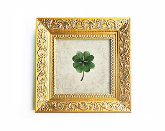 Framed Four Leaf Clover Oil Painting: Lucky Irish Shamrock Amulet - Mini art 2,7"