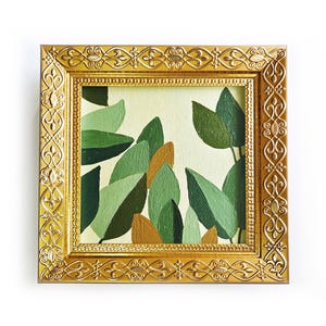 Modern botanical painting on canvas Small Framed oil painting 4x4 Contemporary green leaves artwork Original hand painted Gallery wall art