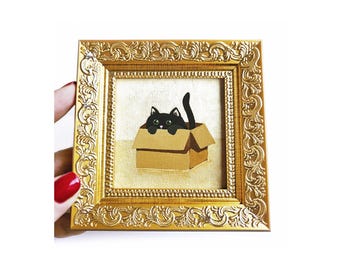 Black cat in a box mini Oil painting Framed hand painted fun and cute cat art Cat doing things Original painting 2,7x2,7 inch Cat lady gift