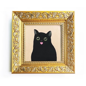 Framed Black Cat Oil Painting: Original Funny Cat art (2.7x2.7&quot; Mini Artwork)