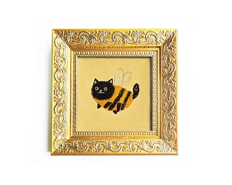 Miniature Black Cat oil painting: Bee cat art, Funny and cute, Mini Framed on canvas