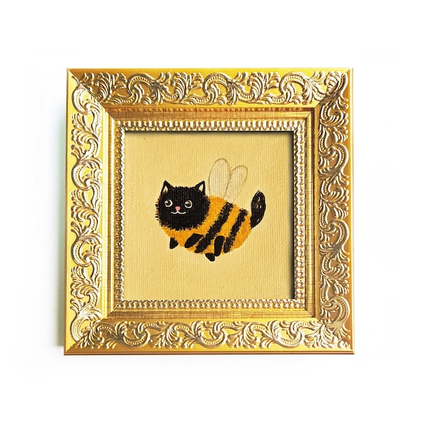 Miniature Black Cat oil painting: Bee cat art, Funny and cute, Mini Framed on canvas