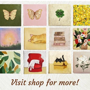 May include: A collection of square paintings featuring various designs. The paintings include butterflies, a four-leaf clover, yellow flowers, a sunset, a cat, books, flowers in a vase, leaves, a dog on a red chair, a cat in a box, and a white flower. Text: Visit shop for more!