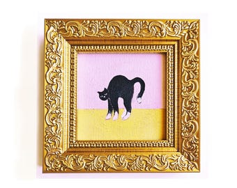 Framed Black Cat Oil Painting: Original Funny Angry cat silhouette (2.7" Mini Artwork)