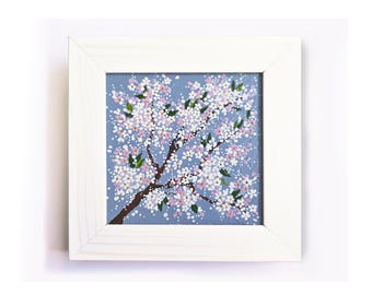 Framed Cherry Blossom Miniature Oil Painting: Floral Art, 4x4 inch Original artwork