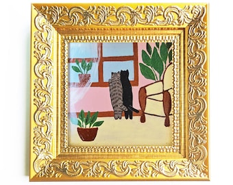 Framed Cats Oil Painting: Original Funny Gray Tabby striped and Black Cats Couple Looking out a Window (2.7x2.7" Mini Artwork)