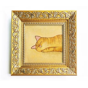 Orange cat lounging Miniature oil painting Orange cat lying & sleeping Original Ginger kitten nap Mini canvas framed 2,7x2,7 inch Gift idea