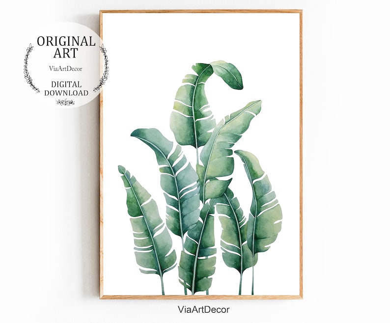 Tropical leaf Print Banana leaves Wall art Printable Botanical Large poster Greenery Watercolor Palm plant Boho decor art Digital Download