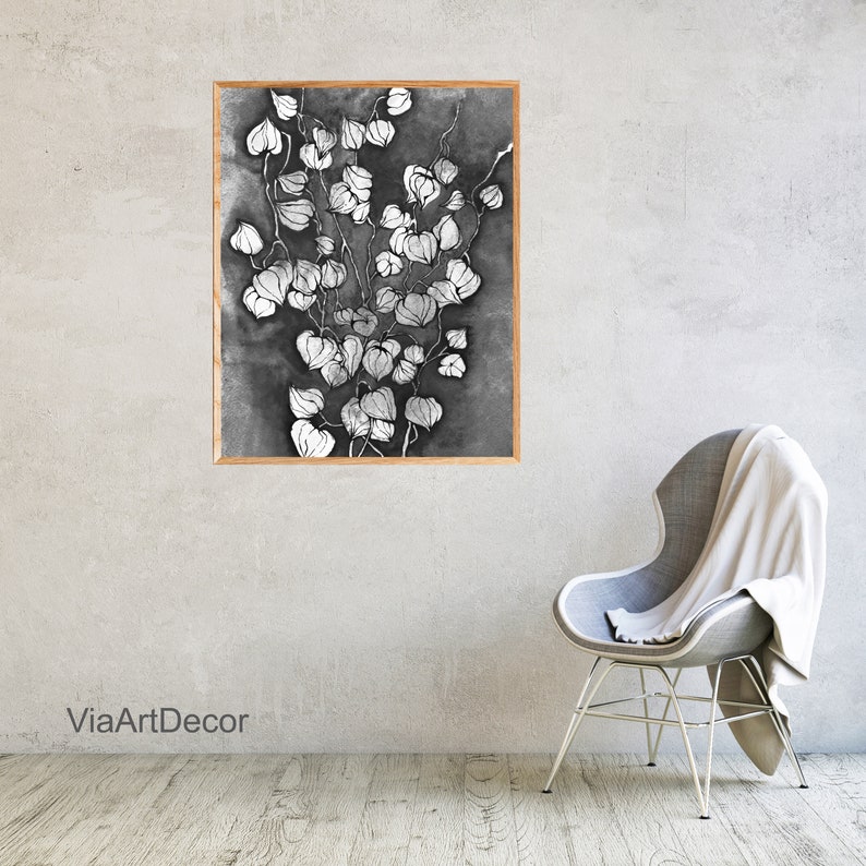 Black and White Botanical wall art Floral Ink Watercolor Etsy