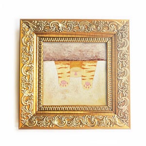 Orange tabby cat lying upside down Mini oil painting Cute Ginger cat lying Original art on canvas Small Framed 2,7x2,7 inches Cat lover gift