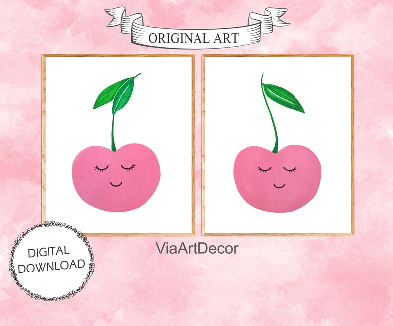 Cherries Wall art Set of 2 Print Pink nursery Printable Minimalist Girl room decor Kids Playroom fruit art Modern nursery Digital Download