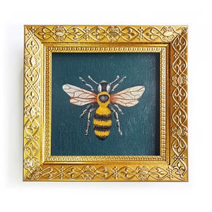 Mini Bee Oil Painting: Vintage Honeybee Art, Original Gold Frame, 4x4 Inch