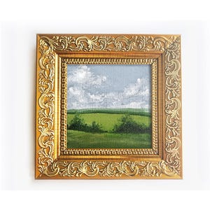 Small Oil Painting in gold frame: Green field, Blue sky - Vintage Country Landscape