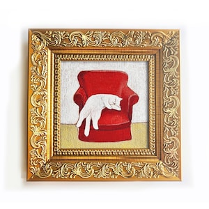 White cat sleeping on a red chair Oil painting miniature Framed art Cute sleepy cat relaxing Funny cat lying artwork Original art Gift idea