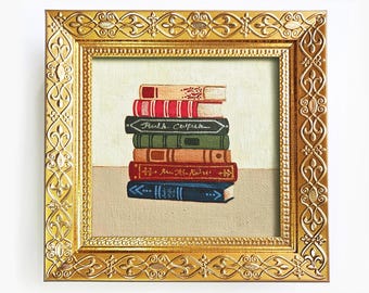 Mini oil painting Stack of books, Handpainted bookish small art 4x4 Vintage Cottagecore, Framed