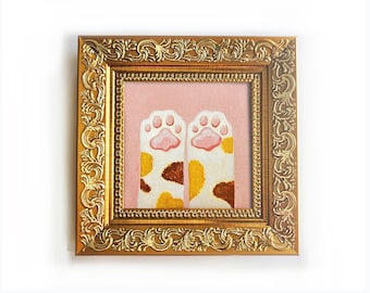 Framed Calico Cat Paw Oil Painting: Original Mini Art, Pet Lover Gift