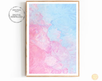 Impresión abstracta en acuarela: Arte mural en tonos pastel rosa y azul (descarga digital)