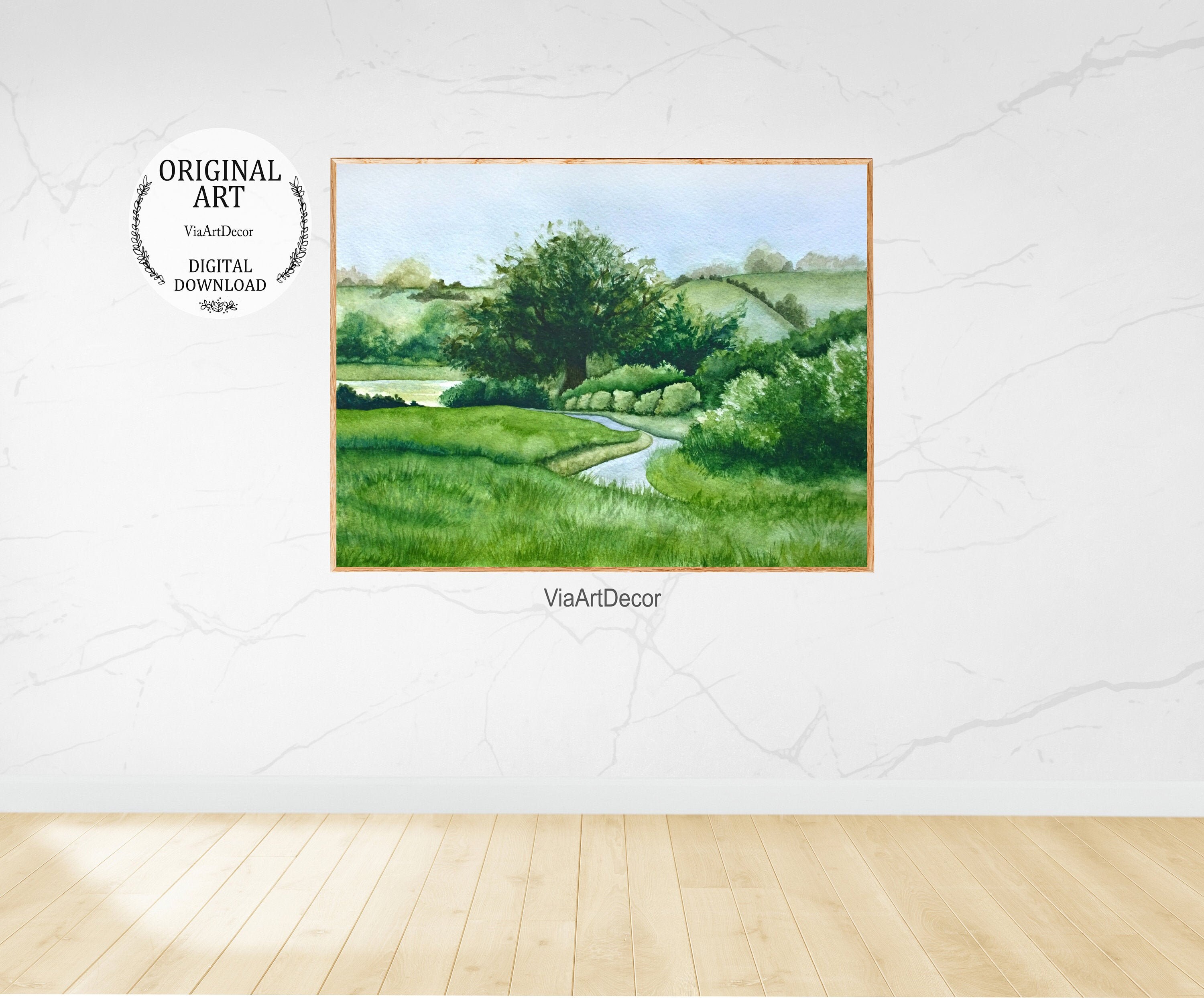 Green landscape Watercolor Printable artwork Nature Colorful Etsy