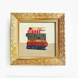 Mini oil painting Stack of books, Handpainted bookish small art 4x4 Vintage Cottagecore, Framed