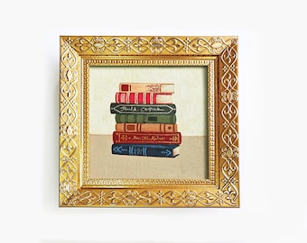 Mini oil painting Stack of books, Handpainted bookish small art 4x4 Vintage Cottagecore, Framed