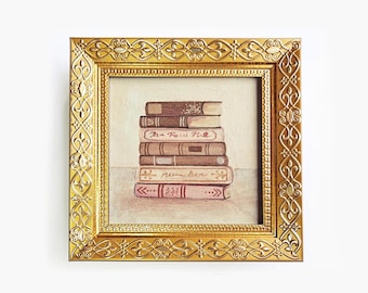 Framed Book Stack Oil Painting: Vintage Cottagecore Book Lover Gift - Small 4x4"