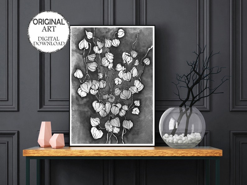 Black and White Botanical wall art Floral Ink Watercolor Etsy
