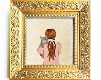 Girl and Gray cat Oil painting: Framed art, Ginger Kitten on Mini canvas 2,7"