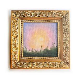 Sunset landscape oil painting Vintage style 2,7 inches small Framed wall art Original hand painted mini artwork Nature lover Fine art gift