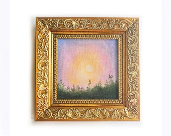 田舎道の絵画、草原の風景画、日の出の油絵、ピンクの空のアート、田舎