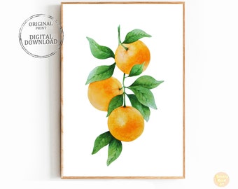 Botanical prints Printable poster Kitchen wall decor Illustration prints Boho Wall art, Poster Art prints Orange fruit, Digital download