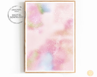 Puede incluir: Impresión artística abstracta con una paleta de colores suaves. La obra presenta una mezcla de tonos rosas, azules, verdes y blancos, creando un efecto onírico y etéreo. La impresión está enmarcada en un marco de madera clara e incluye el texto "ORIGINAL PRINT DIGITAL DOWNLOAD".
