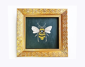 Pintura al óleo de abejorro en miniatura: Obra de arte vintage con marco dorado, lienzo de 4x4" - Original
