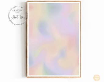 Puede incluir: Impresión digital de arte abstracto con un fondo borroso de colores pastel, incluyendo rosa, azul, amarillo y verde.