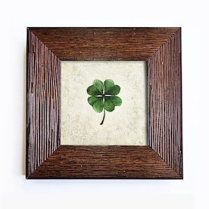 May include: A framed artwork featuring a green four-leaf clover on a cream-colored background. The artwork is encased in a square, dark brown wooden frame with a textured, vertical grain pattern. The image is set against a white backdrop.