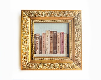 Miniature Book Stack Oil Painting: Vintage Style Framed art, Cottagecore Small art