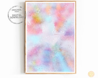 Puede incluir: Impresión digital de arte abstracto con un fondo de acuarela con salpicaduras de rosa, azul, amarillo y morado. El fondo es gris claro con un sutil efecto de brillo.