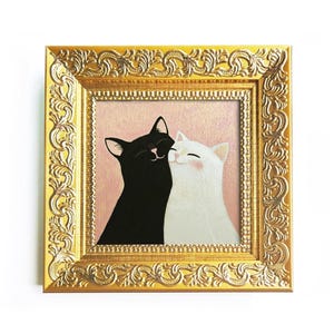 Adorable black and white cat couple Oil painting Two cute cats in love sitting next to each other Aniversary gifts for her Small framed art