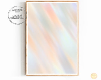 Puede incluir: Impresión digital de arte abstracto con un fondo borroso de colores pastel rosa, naranja y azul. Los colores se mezclan en un patrón diagonal.