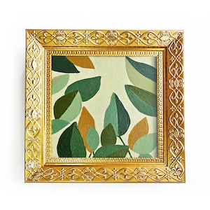 Modern green leaves painting Contemporary small oil painting on canvas 4x4 Abstract nature inspired wall art Original hand painted miniature