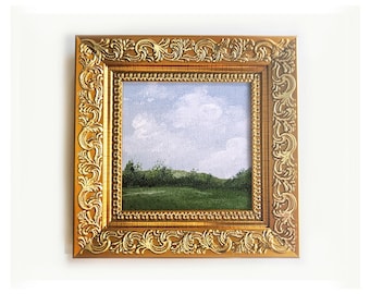 Pintura al óleo de prado de verano enmarcada: paisaje de estilo vintage, arte original de 2,7 pulgadas