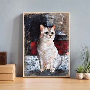 Acrylic Painting &quot;White Cat&quot; - Cute Kitten Original Artwork Fine Art Canvas Print - Cozy Home Decor Wall Art - Gift for Her - Gift for Him