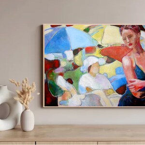 Acrylic Painting &quot;At The Beach&quot; - Colorful Original Artwork Fine Art Canvas Print - Cozy Home Decor Wall Art - Gift for Her - Gift for Him