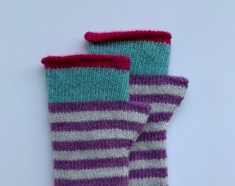 Kids Lambswool Fingerless Gloves: Striped Hand Warmers