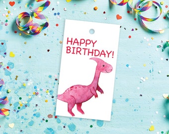 Pink Dinosaur Happy Birthday Gift Tag 2" x 3.5", set of 10