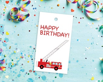 Fire Truck/Fire Engine Happy Birthday Gift Tag 2" x 3.5", set of 10